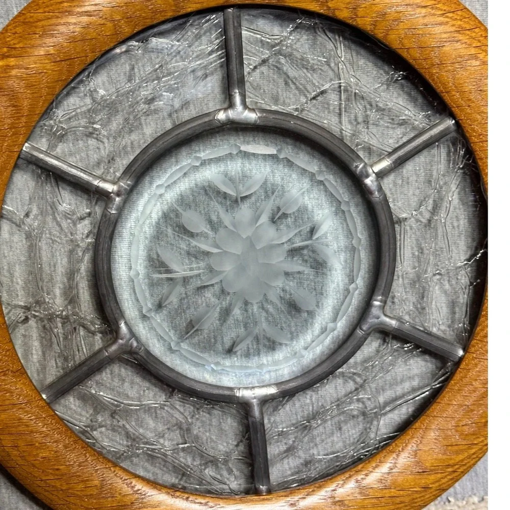 VTG Etched Glass Suncatcher Round Oak Wood Frame Floral Leaded Window Art 8